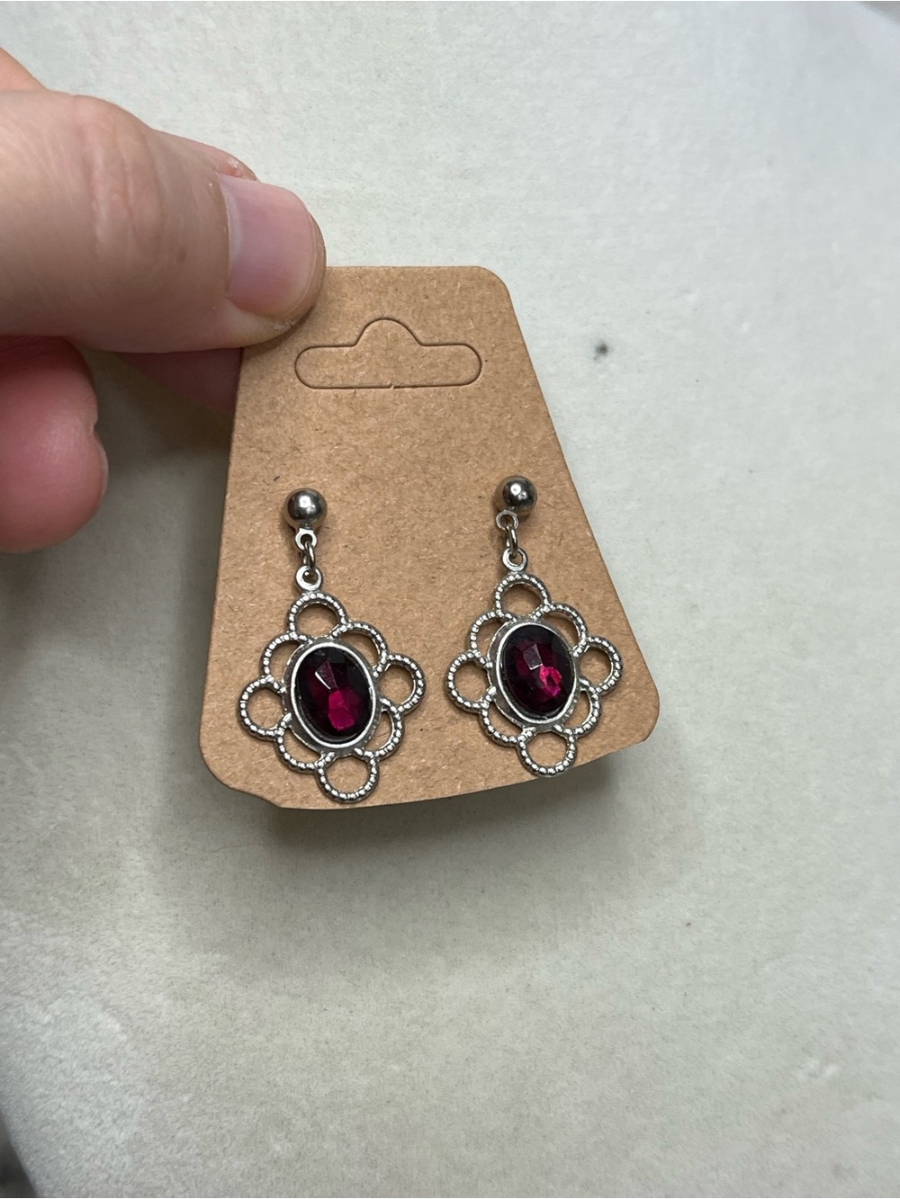Vintage silver tone garnet dangle earrings